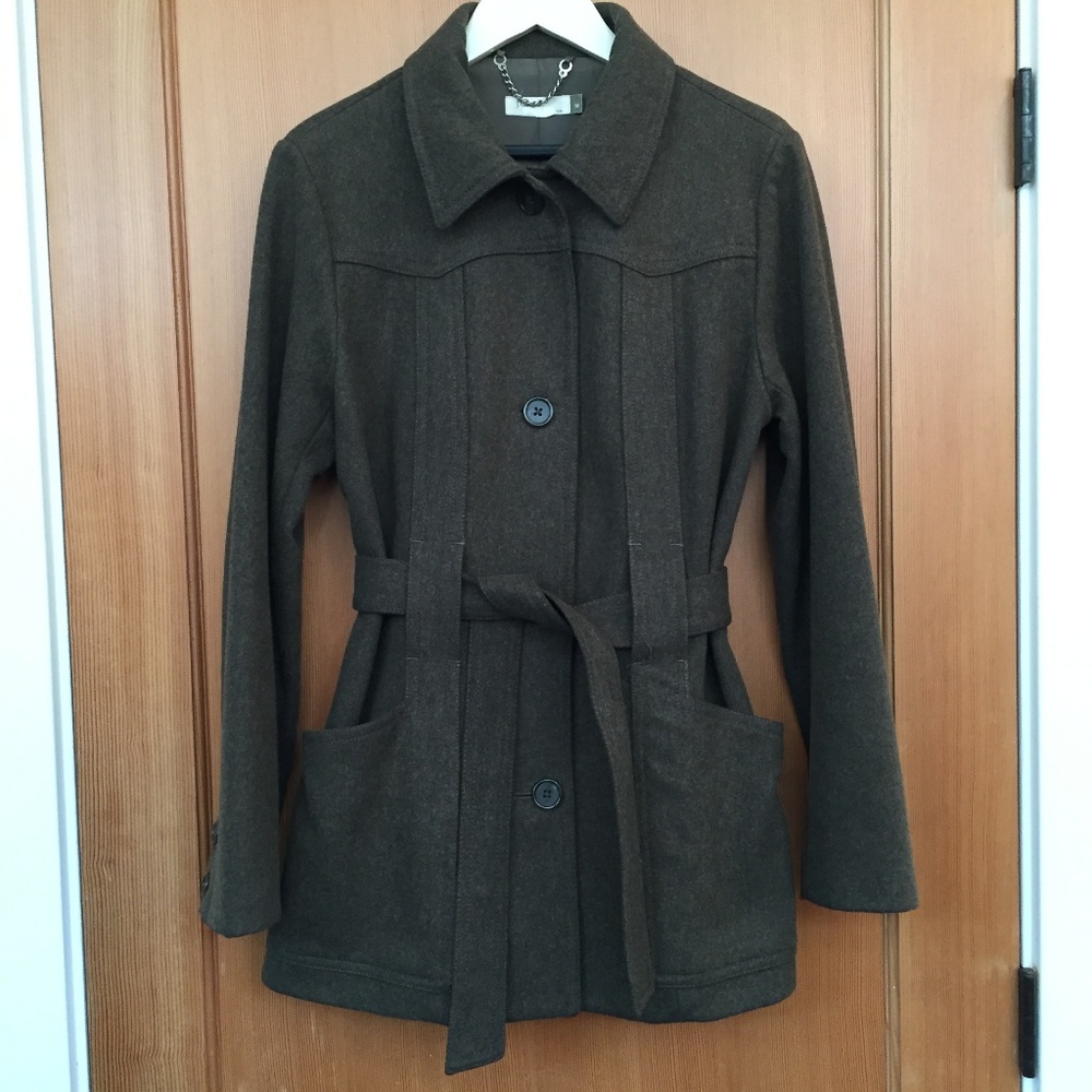 J. Crew. moss green belted wool coat, sz M
